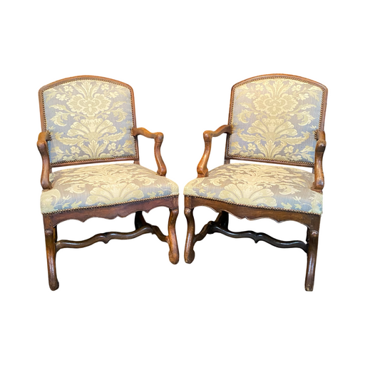 Antique French Pair Louis XIV Armchairs or Fauteuils with Os de Mouton Stretchers