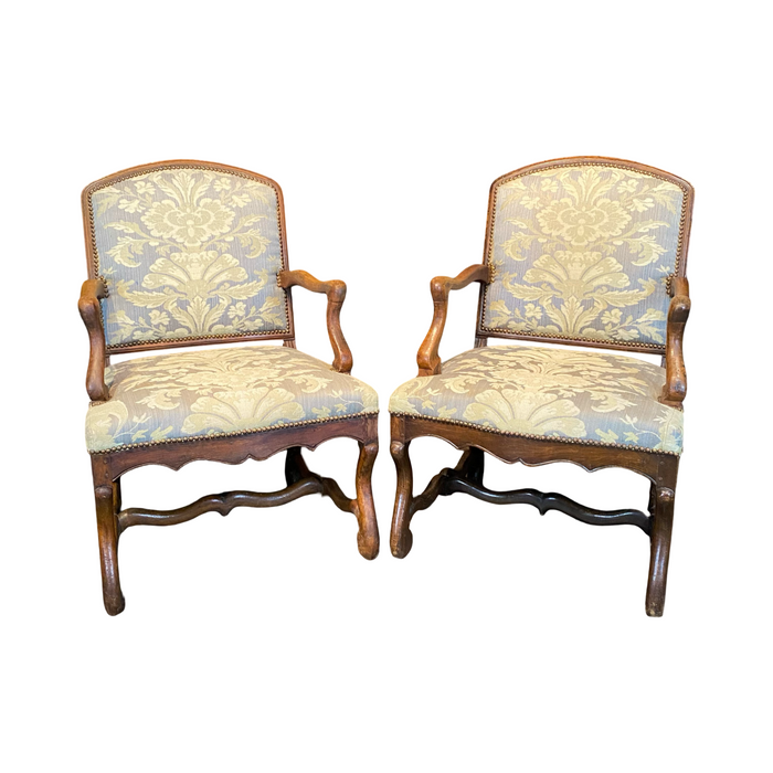 Antique French Pair Louis XIV Armchairs or Fauteuils with Os de Mouton Stretchers
