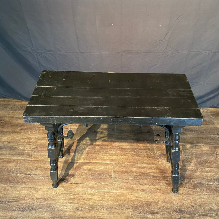 Antique Ebony Spanish Side Table, Accent Table or Console Table with Turned End Supports Joined by Iron Stretchers