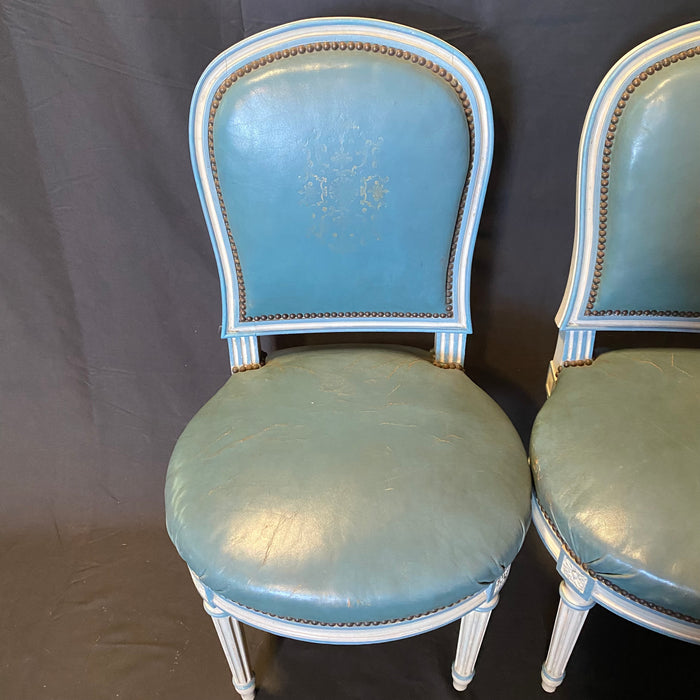 Fine Set of 6 Blue Leather Gold Embossed French Louis XVI Painted Dining Chairs