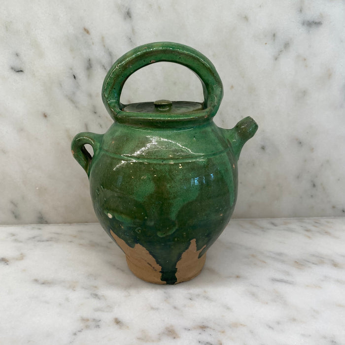 French Antique Green Glazed Gargoulette - Antique Provencal Pottery Jug with Lid