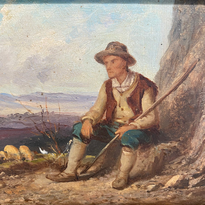 French 19th Century Signed Oil Painting of a Shepherd in Giltwood Frame