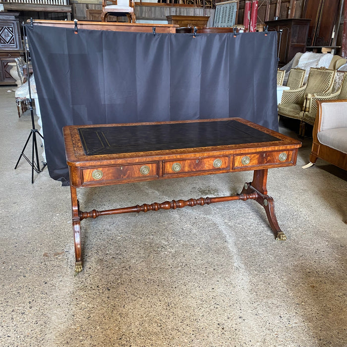 British Regency Style Mahogany Partners Two Sided Desk or Writing Table with Embossed Leather Top