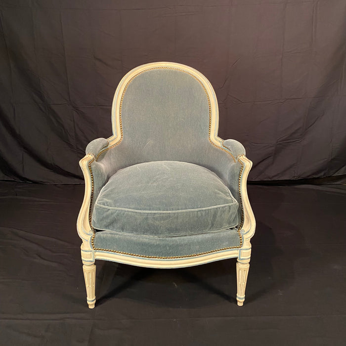 Pair of Antique French Louis XVI Armchairs or Bergere Chairs in Original White Paint and Blue Mohair Upholstery