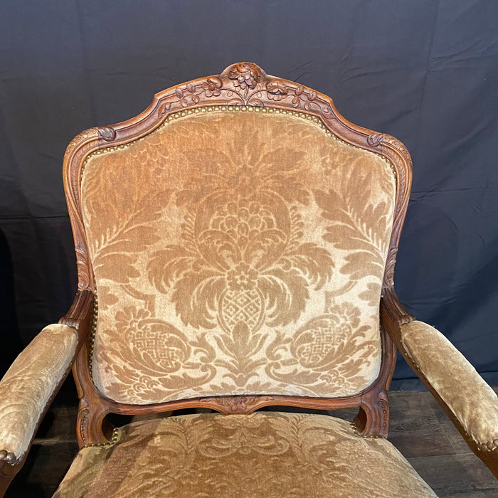 Pair of French Louis XV Carved Armchairs with Cut Velvet Mohair Upholstery