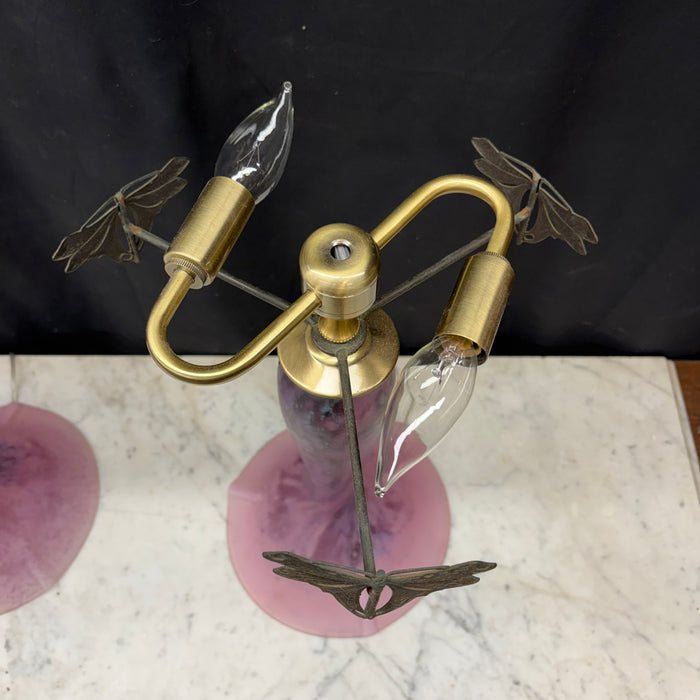 Pair of French La Rochere Art Nouveau Mushroom Table Lamps with Marbled Glass Shades and Bronze Dragonfly Details