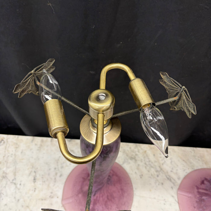 Pair of French La Rochere Art Nouveau Mushroom Table Lamps with Marbled Glass Shades and Bronze Dragonfly Details