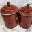 Set of Five French Reddish Brown Enamel Kitchen Canisters with Original Lids