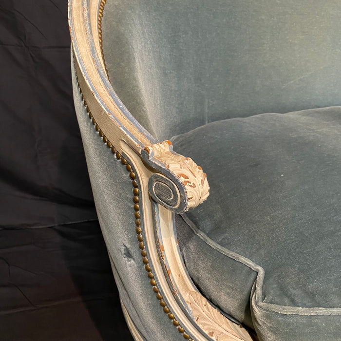Antique French Louis XVI Sofa, Loveseat or Settee in Original White Paint and Blue Mohair Upholstery