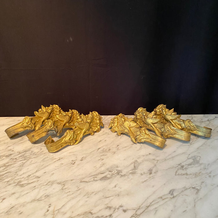 French Art Nouveau Gilt Pressed Brass Curtain Tiebacks or Curtain Holders, Set of Six