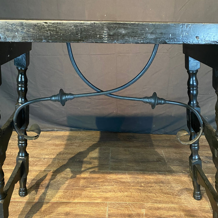 Antique Ebony Spanish Side Table, Accent Table or Console Table with Turned End Supports Joined by Iron Stretchers