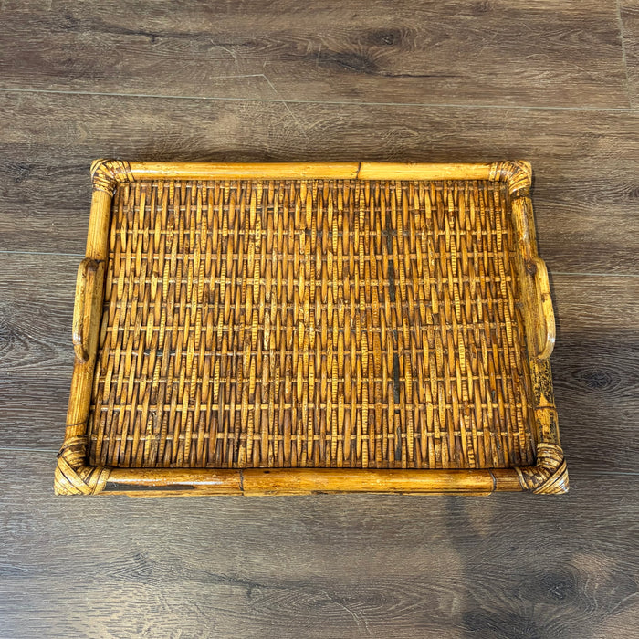 Pair of Midcentury Tortoiseshell Bamboo Folding Chairs with Bamboo and Rattan Tray Table