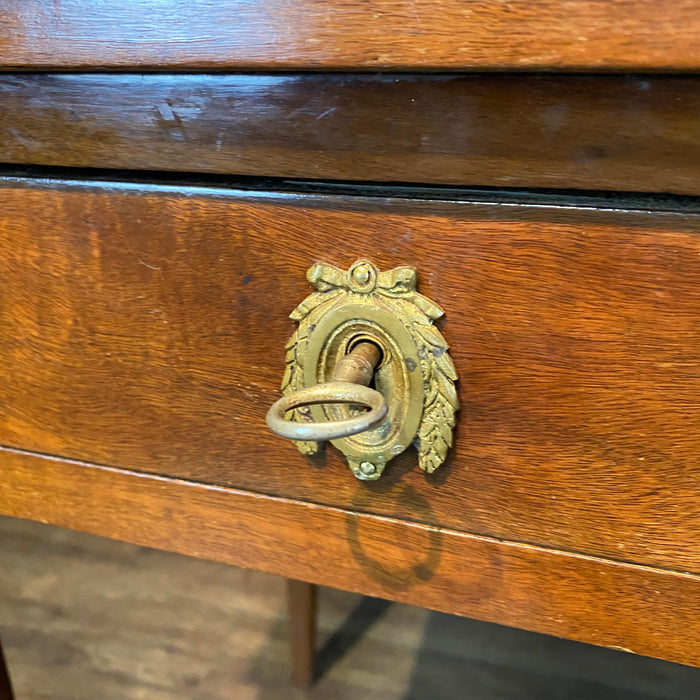French Antique Embossed Leather Top Desk with Two Drawers and Original Key