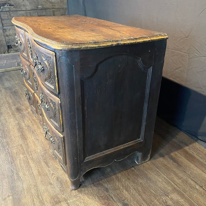 Early 19th Century French Louis XV Commode, Dresser or Chest of Drawers with Ebony Accents and Carved Drawer Front French Carved Louis XV Chest of Drawers