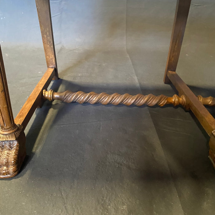 Pair of Elegant French Antique Carved Barley Twist Benches, Coffee Tables or Settees with Carved Feet and New Upholstery