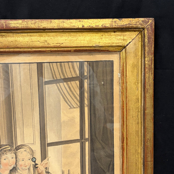 Matching Pair of late 18th Century Desnoyer Artwork: French Color Engravings Framed in Period Gold Leaf Frames