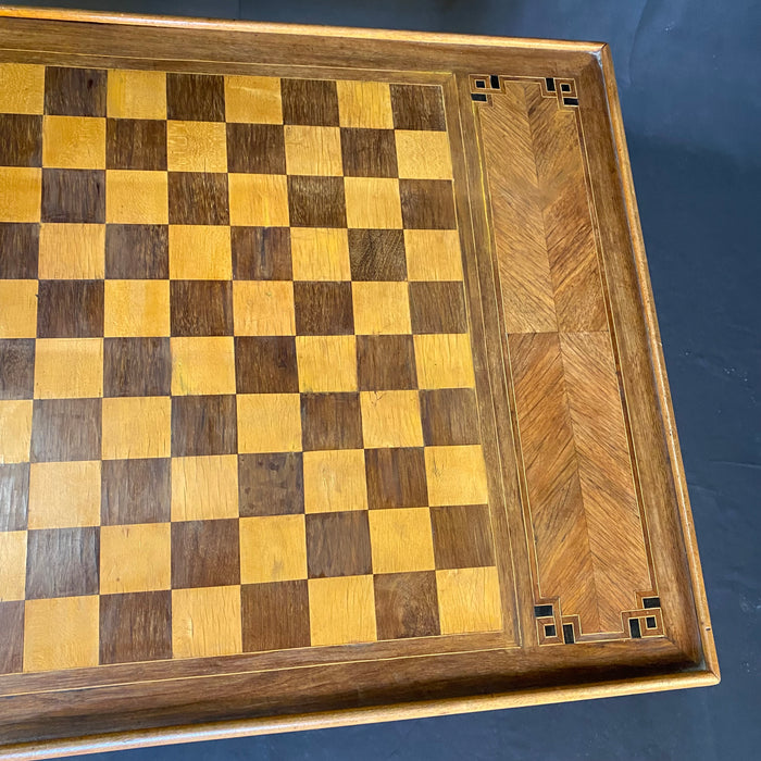 French Louis XVI Walnut Game Table with Reversible Embossed Leather Top, Marquetry Games Play Board and Inlaid Backgammon Board