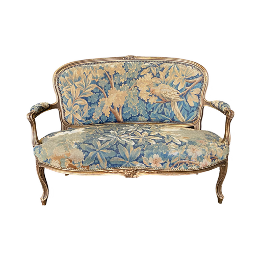 French Regal Aubusson Bird Tapestry Upholstered Louis XV Loveseat, Settee or Sofa