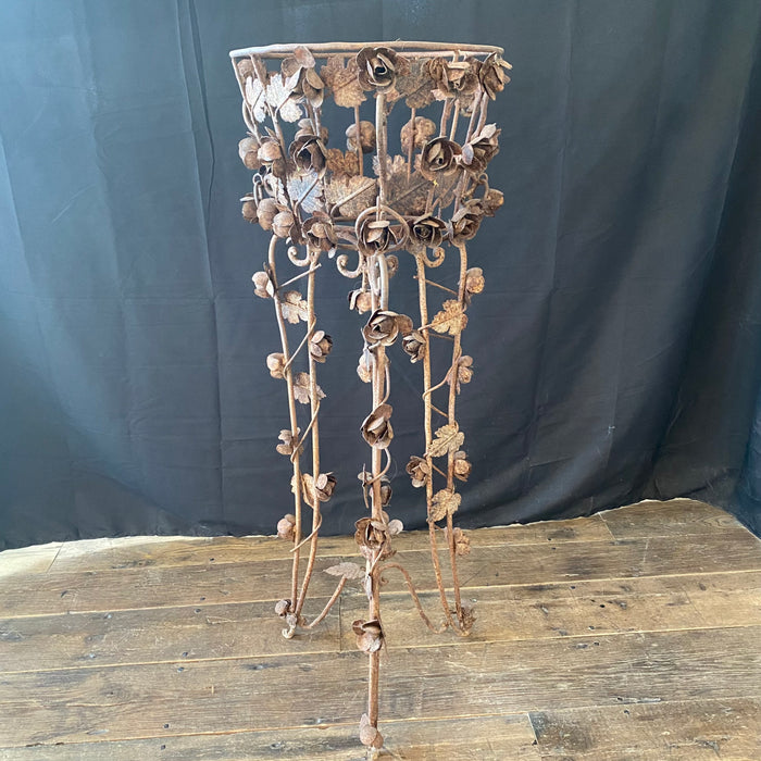 Pair of Antique French Iron Jardinieres or Plant Stands with Sculpted Roses, Leaves and Vines