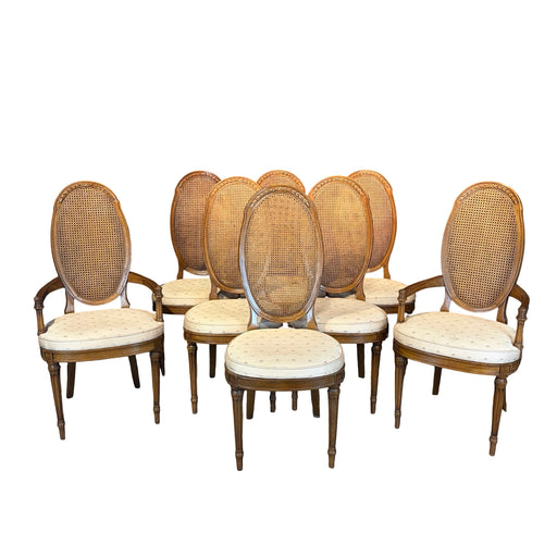 Set of 8 Midcentury French Louis XVI Style Cane Back Dining Chairs with Two Armchairs