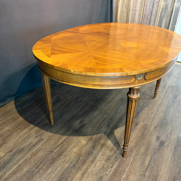 Midcentury French Louis XVI Style Walnut Parquetry Oval Extension Dining Table with Two Leaves
