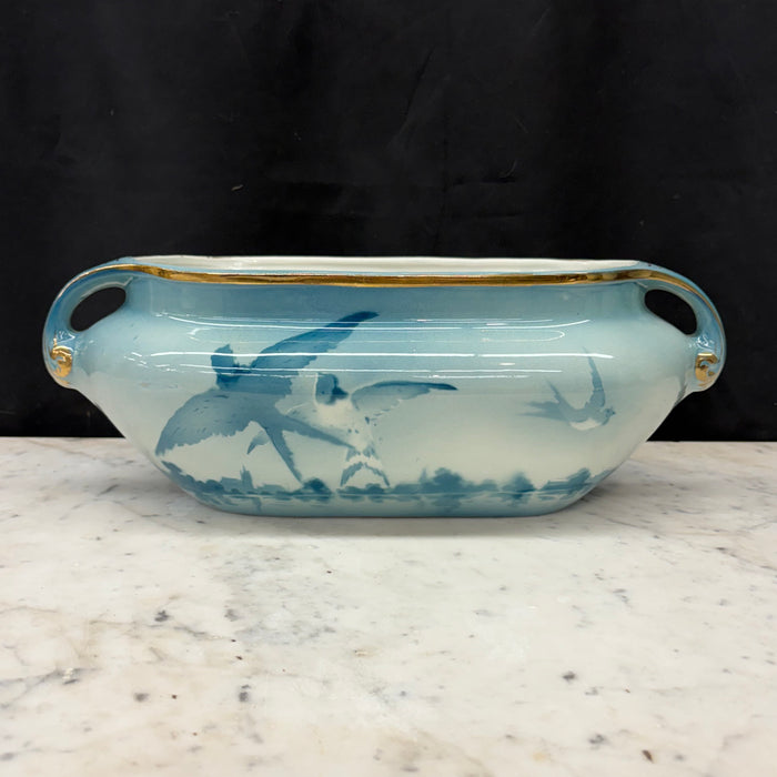 French Faience Three-Piece Vase and Jardinière Set with Swallows by Keller and Guerin