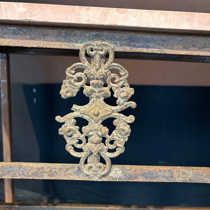 Antique French Balcony Console Table with Marble Top & Figural Wrought Iron Panel