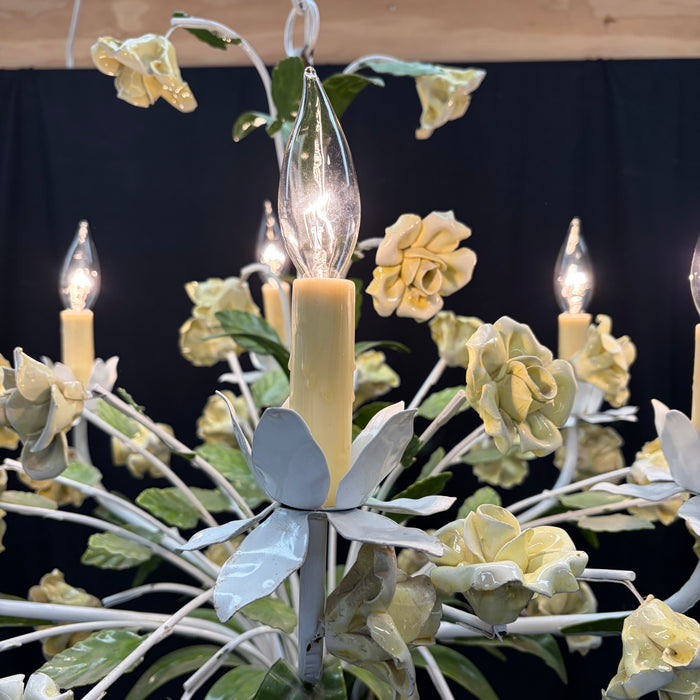 Vintage Italian Style Tole Painted Floral 6-Arm Chandelier With Rose Flowers and Leaves