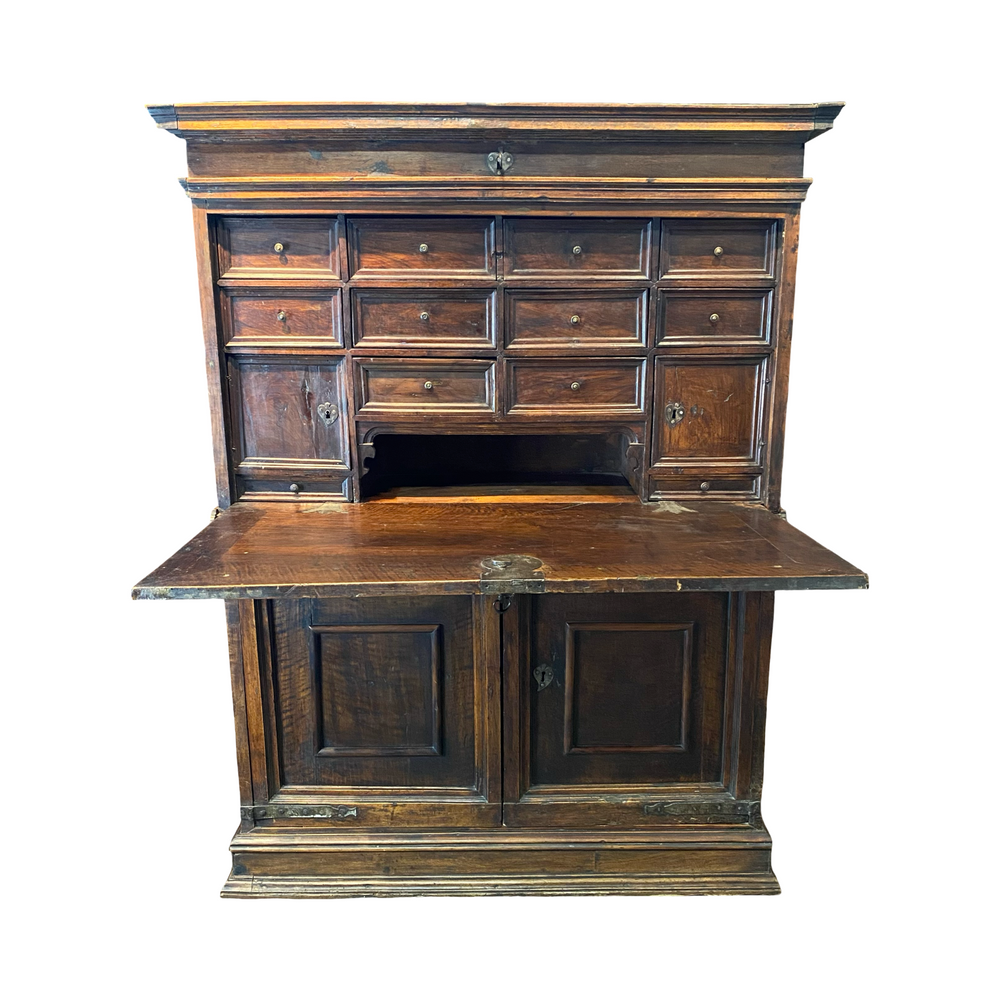 18th Century Spanish Baroque Walnut Bargueno or Vargueno Fall-Front Writing Desk Cabinet Spanish Cabinet "Bargueño" or Vargueno on Stand, Original Wrought Iron and Keys