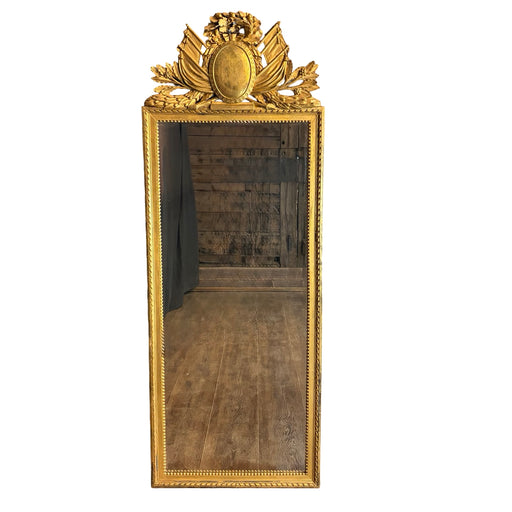 Exceptional Antique French Neoclassical Giltwood Tall Pier Mirror with Elaborate Carved Crest, Original Gold Leaf Gilding