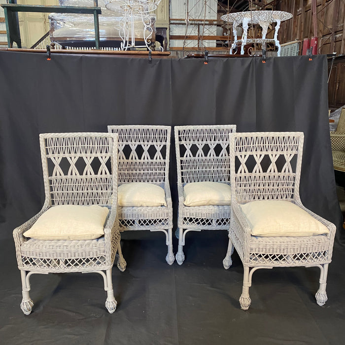 Set of 4 Vintage Open Weave Classic Coastal Maine Wicker and Bamboo Dining Chairs or Side Chairs with Down Cushions