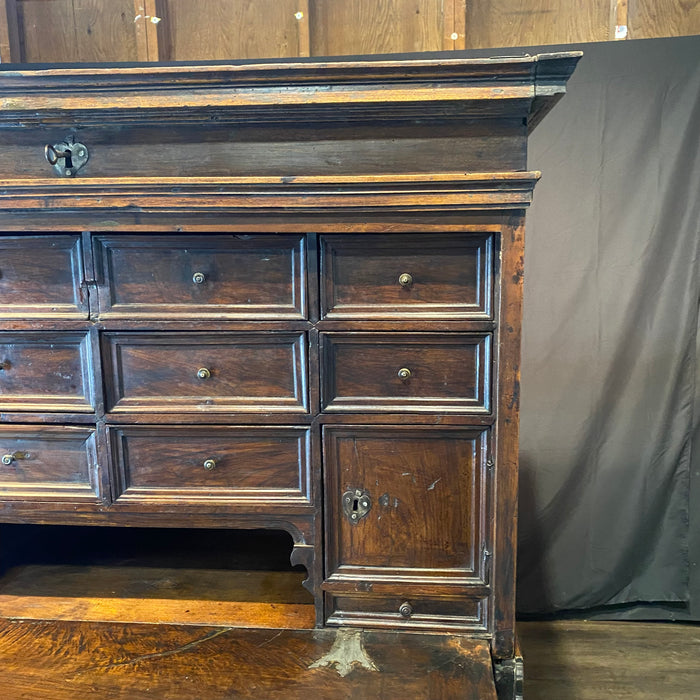 18th Century Spanish Baroque Walnut Bargueno or Vargueno Fall-Front Writing Desk Cabinet Spanish Cabinet "Bargueño" or Vargueno on Stand, Original Wrought Iron and Keys