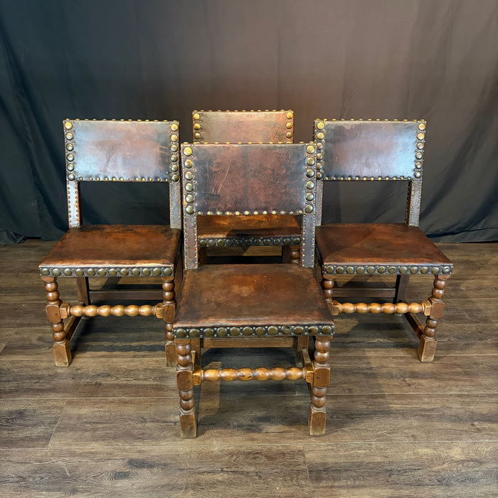French Antique Set of Leather and Nailhead Dining Chairs with Bobbin Legs