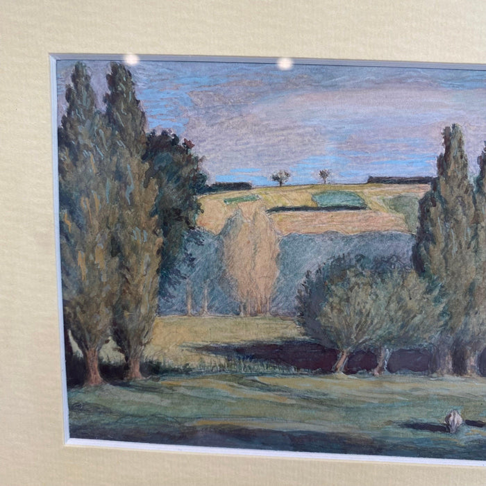French Impressionist Painting: Landscape Pasture Scene with Cows and French Farmhouse, Cypress Trees
