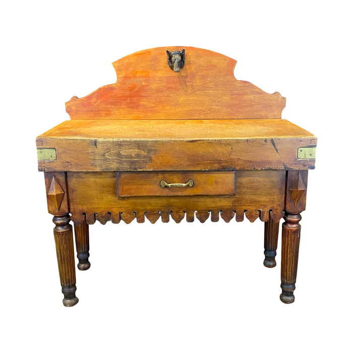 French Butcher’s Block Table With Bull’s Head Mount - Kitchen Island or Accent Table or Console
