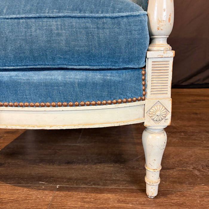 Pair of Antique French Neoclassical Painted Armchairs or Bergères in Blue Mohair