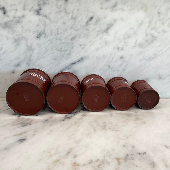 Set of Five French Reddish Brown Enamel Kitchen Canisters with Original Lids