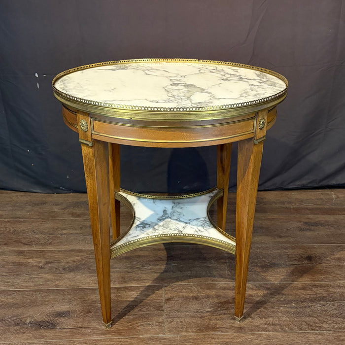Antique French Bouillotte Round Side Table with Marble Top, Marble Stretcher and Brass Gallery