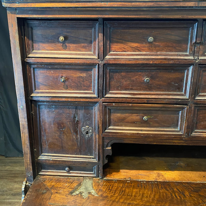 18th Century Spanish Baroque Walnut Bargueno or Vargueno Fall-Front Writing Desk Cabinet Spanish Cabinet "Bargueño" or Vargueno on Stand, Original Wrought Iron and Keys