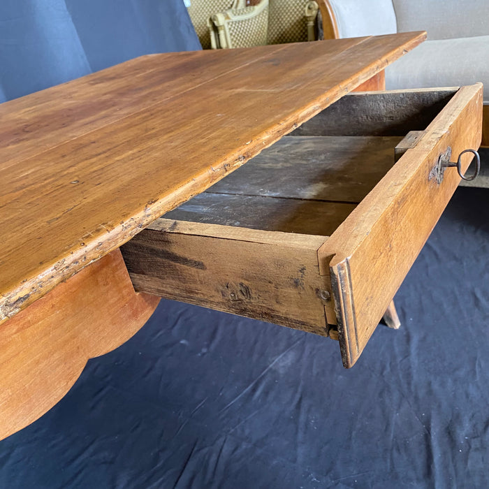 Antique French Provincial Primitive Farmhouse Country Pine Dining Table, Desk or Side Table with Original Key