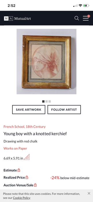 18th Century French Sanguine Red Chalk Drawing of a Boy in a Kerchief in Early Gold Gilt Frame