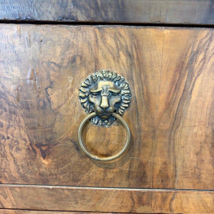 19th Century French Burled Wood Commode, Dresser or Chest of Drawers with Marble Top and Lion Pulls