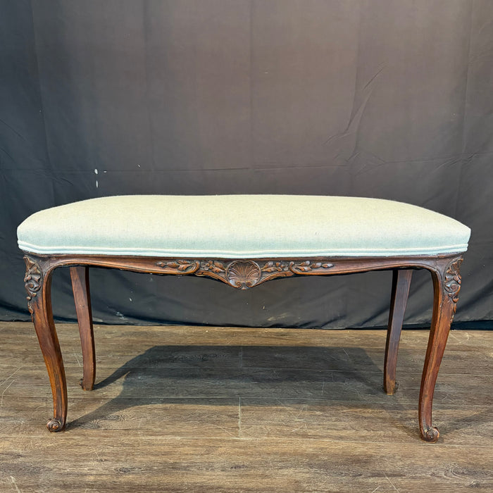 Antique French Louis XV Carved Walnut Bench with New Linen Upholstery