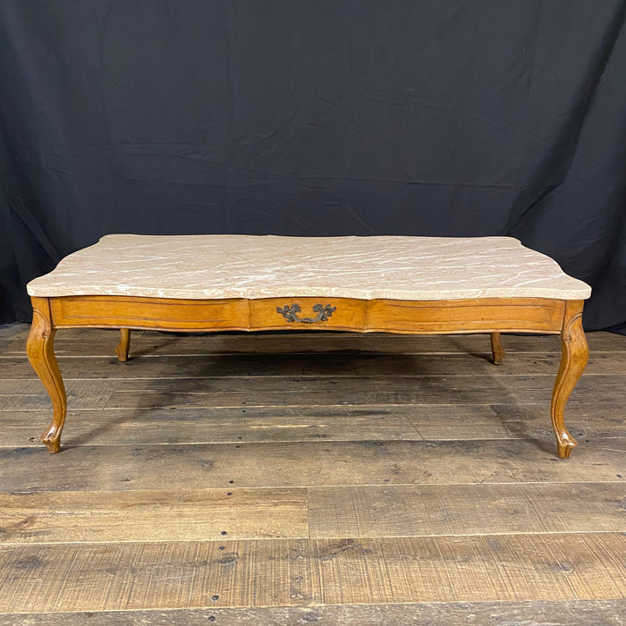 French Louis XV Style Walnut and Marble Top Coffee Table