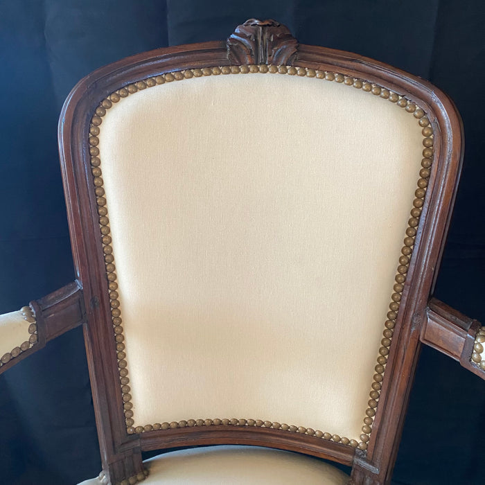 French Pair Louis XVI Carved Mahogany Fauteuil Arm Chairs