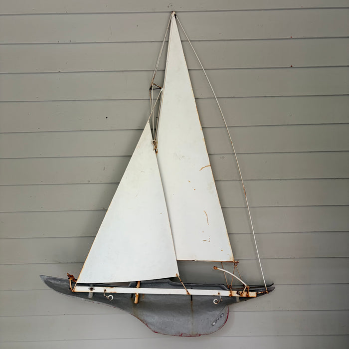 Large Vintage Metal Sailboat Yacht Wall Sculpture with Painted Hull and Wire Rigging