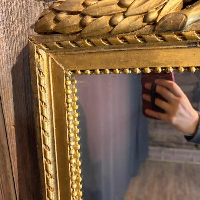 Exceptional Antique French Neoclassical Giltwood Tall Pier Mirror with Elaborate Carved Crest, Original Gold Leaf Gilding