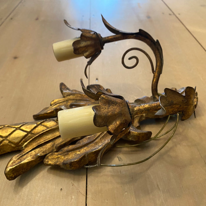 Pair of French Carved Giltwood Two-Light Wall Sconces with Diamond-Carved Urn Motifs