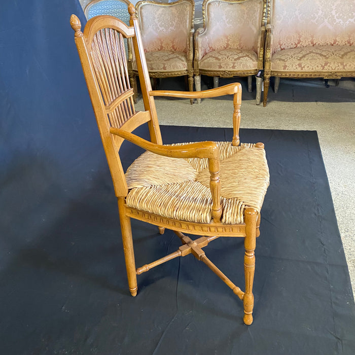 French Provincial Style Rush Seated Wheat Sheaf Arm Chairs or Dining Chairs, Set of 6