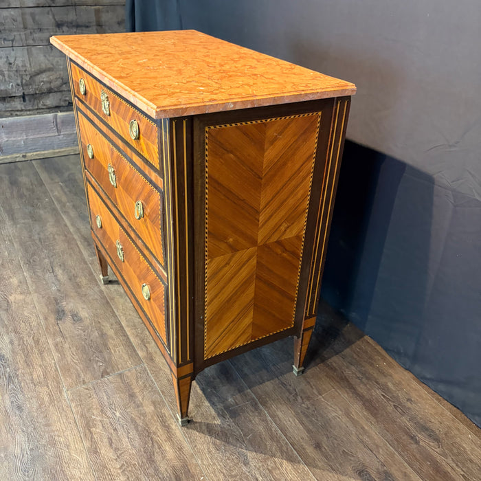 French Neoclassical Louis XVI Marble Top Parquetry Commode or Chest of Drawers